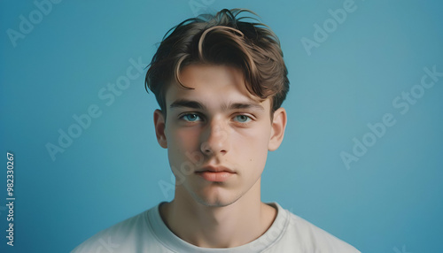 Portrait of a Jaded Young Caucasian Man on Blue Background – Emotionally Drained Male Isolated with Copy Space, Moody Expression, Contemporary Minimalist Style, Perfect for Creative and Editorial Use