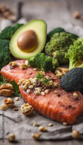 Foods rich in omega 3 red fish steak olive oil avocado walnuts eggs flax seeds and chia seeds brocco photo