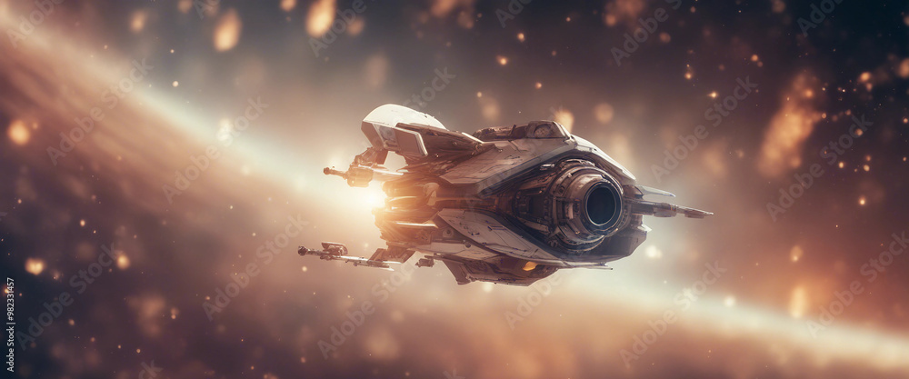 Futuristic spaceship flies among outer space banner Futuristic spaceship flies among outer space banner