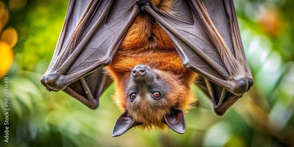 Obraz premium The sleeping bat hangs upside down, its wings folded tightly around its body, a dark silhouette against the