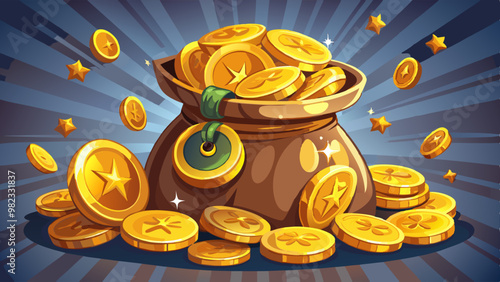 A vibrant vector illustration depicting a large sack overflowing with gold coins, symbolizing wealth and prosperity, set against a dynamic background with sparkling stars