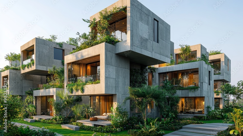 Fototapeta premium A cube home with stacked cubes, creating a layered design with open terraces and green spaces