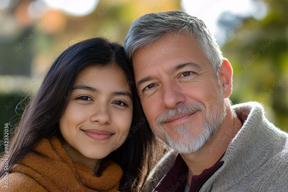 Happy father and daughter smiling outdoors Happy father and daughter smiling outdoors