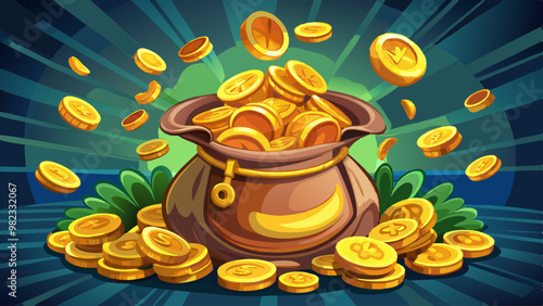 A vibrant vector illustration of a large, overflowing bag of gold coins with coins spilling out and floating in the air, set against a dynamic, radiant background