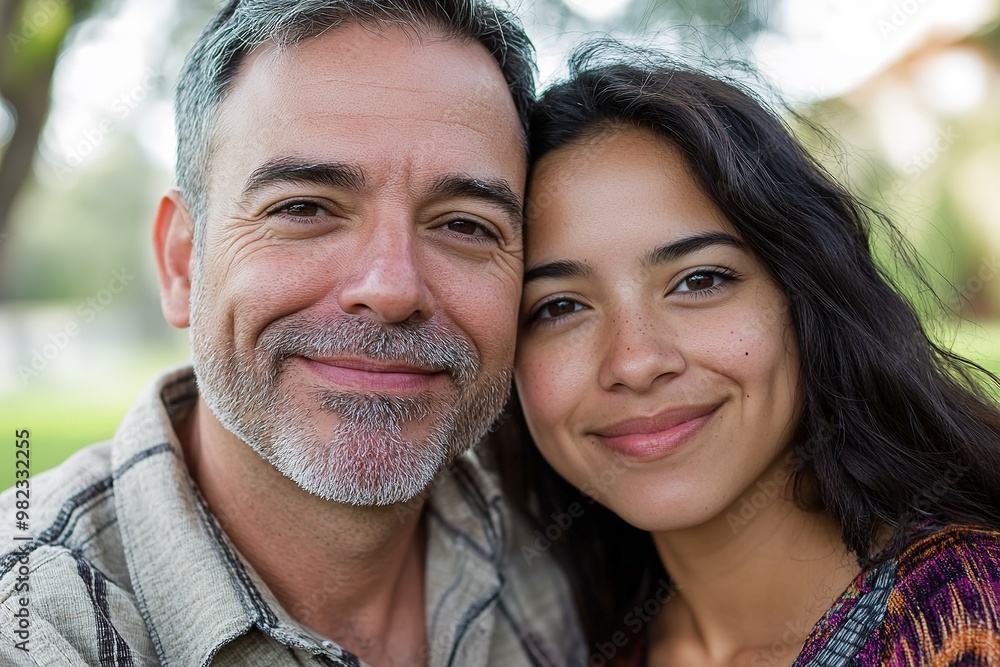 Happy mature man and young woman smiling, close-up portrait Happy mature man and young woman smiling, close-up portrait