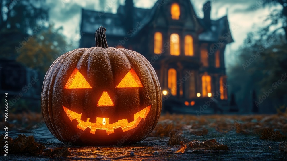 Halloween pumpkin with candlelight in front of a haunted house background, Halloween pumpkin with candlelight in front of a haunted house background,