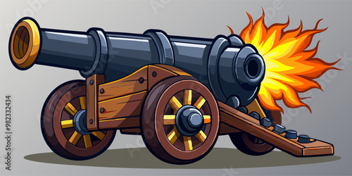 A vibrant vector illustration depicts a classic cannon with a wooden carriage and flaming cannonball, perfect for historical or military-themed microstock submissions."