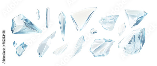 Various broken glass shards in different sizes and shapes. Shattered glass. Transparent background PNG. Premium pen tool cutout. 