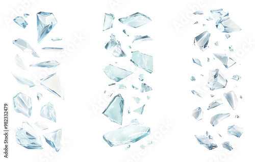 Set of broken glass shards. Shattered glass. Transparent background PNG. Premium pen tool cutout. 