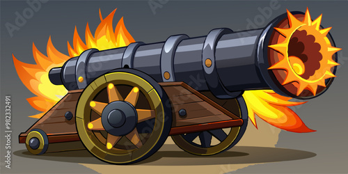 A classic cannon on wooden wheels with a metal barrel, firing with flames and smoke, capturing a dynamic and historical moment