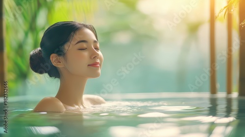 Asian woman enjoying an herbal steam bath, surrounded by bamboo and natural elements, Relaxing in spa, healing and rejuvenation