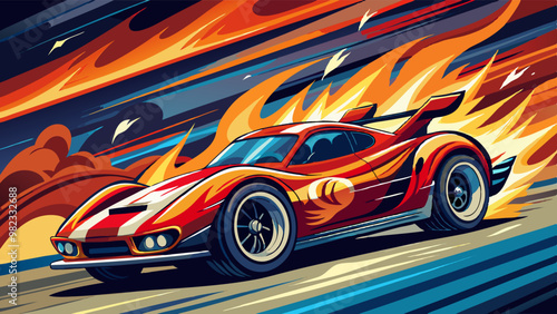 A dynamic vector illustration of a sleek, red sports car with flames and motion lines, evoking a sense of speed and excitement