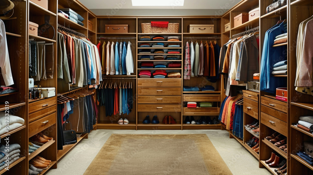 Naklejka premium Spacious Walk-In Closet with Organized Shelving, Hanging Clothes, and Neatly Arranged Shoes