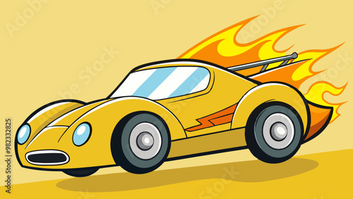 yellow speeding race car with flames trailing behind