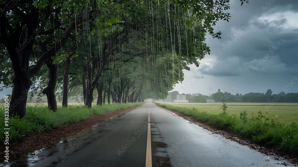 Fototapeta premium road in the forest covered with trees from one side.
