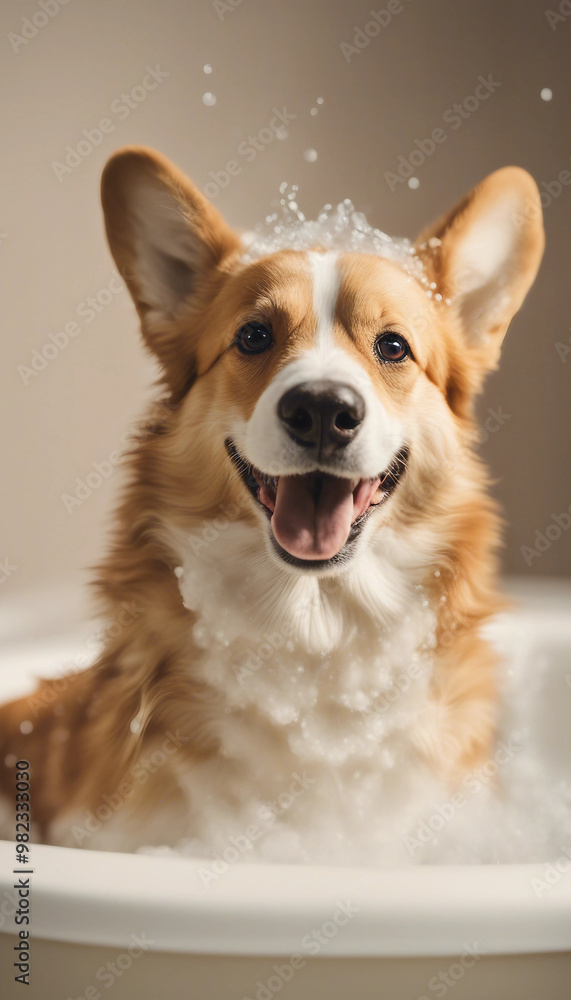 Happy wet corgi dog taking bath with soap foam on his head beige background copy space vertical Happy wet corgi dog taking bath with soap foam on his head beige background copy space vertical