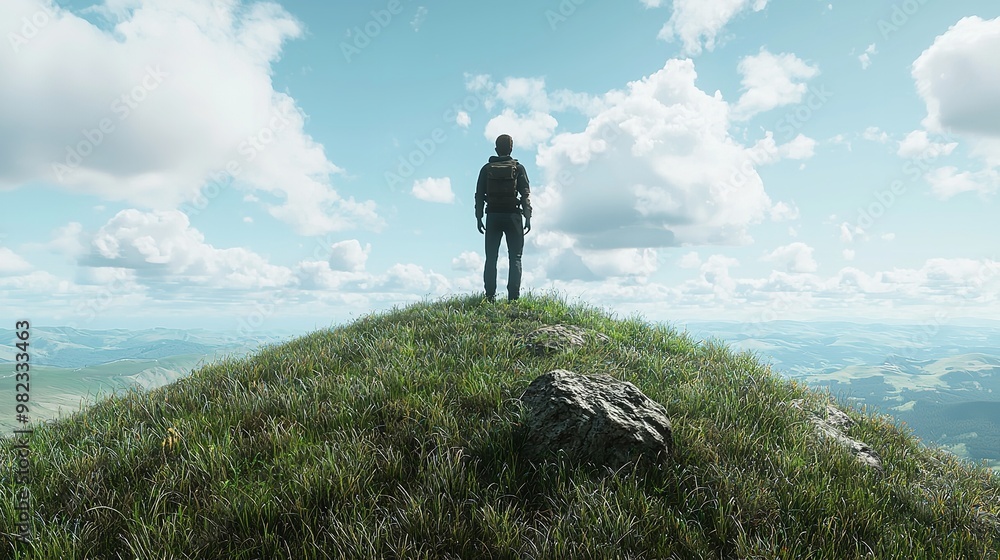 Obraz premium A suited figure stands on a rocky outcrop, overlooking a vast green landscape.