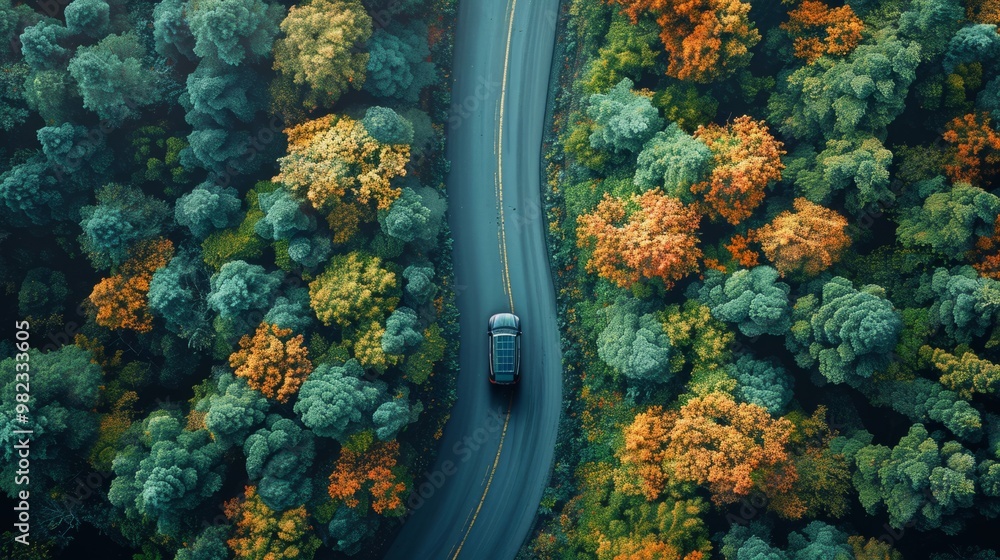 Meandering through autumn's lushness, an electric vehicle adeptly navigates through the forest highway. The aerial shot exemplifies the harmony between technology and the wilderness. Meandering through autumn's lushness, an electric vehicle adeptly navigates through the forest highway. The aerial shot exemplifies the harmony between technology and the wilderness.