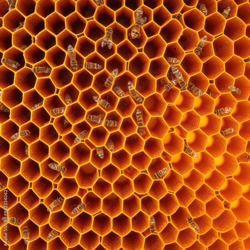 Honeycomb pattern, Natural Honeycomb Structure with Worker Bees, close-up of honeycomb Honeycomb pattern, Natural Honeycomb Structure with Worker Bees, close-up of honeycomb