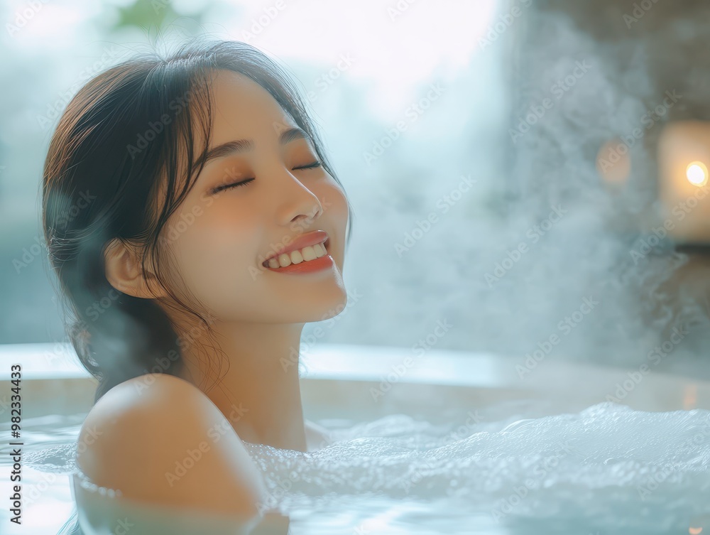 Obraz premium Smiling Asian woman enjoying a steam bath, gentle mist and soft lighting, Relaxing in spa, cleansing and soothing