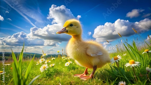 The yellow baby duckling ambles across a sun-kissed meadow, its feathers glowing bright against a backdrop of emerald photo