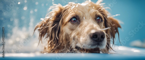 Happy wet dog taking bath blue background copy space