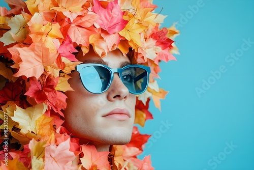 A person wearing sunglasses is surrounded by vibrant autumn leaves, set against a cool blue background, creating a whimsical and colorful aesthetic.