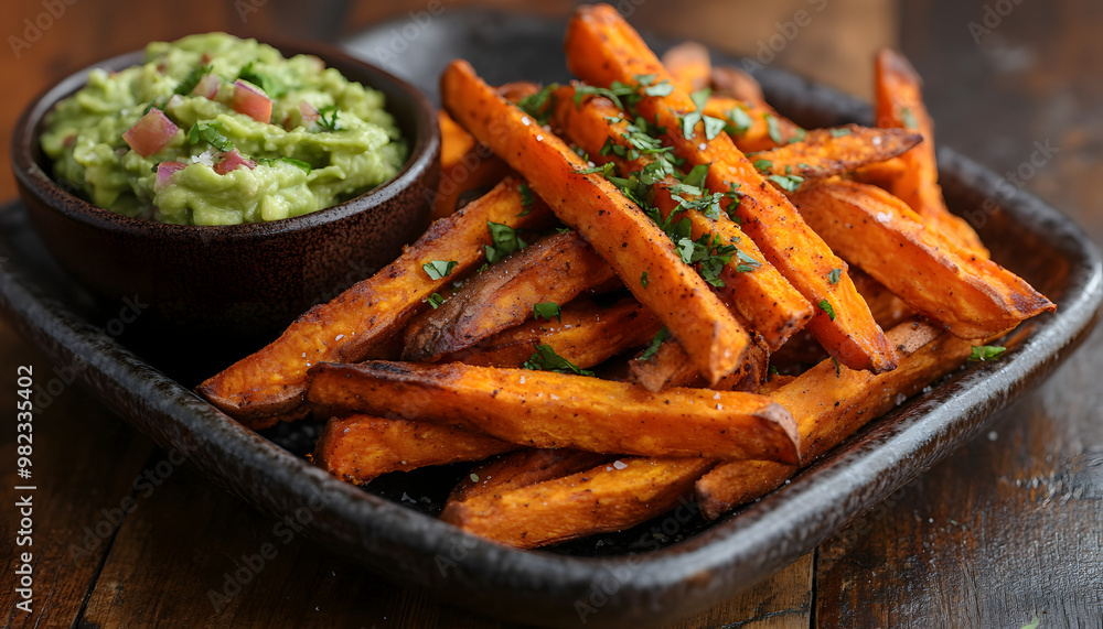 A serving of baked sweet potato fries, lightly salted and paired with a side of guacamole A serving of baked sweet potato fries, lightly salted and paired with a side of guacamole