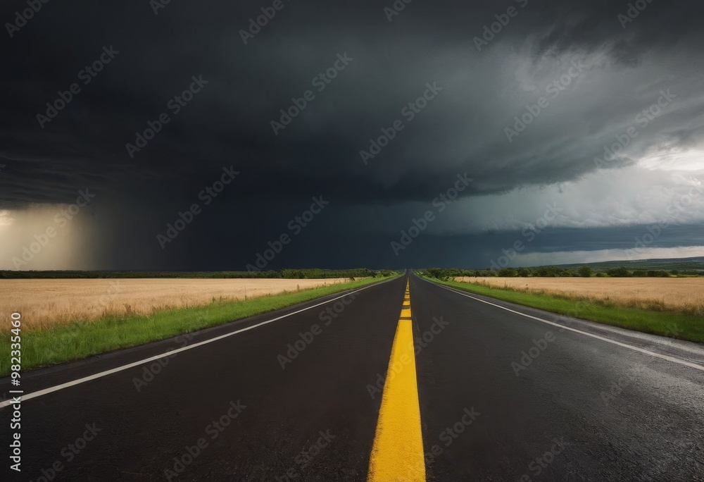 Fototapeta premium Empty Road Leading Towards Dark Stormy Sky Over Fields