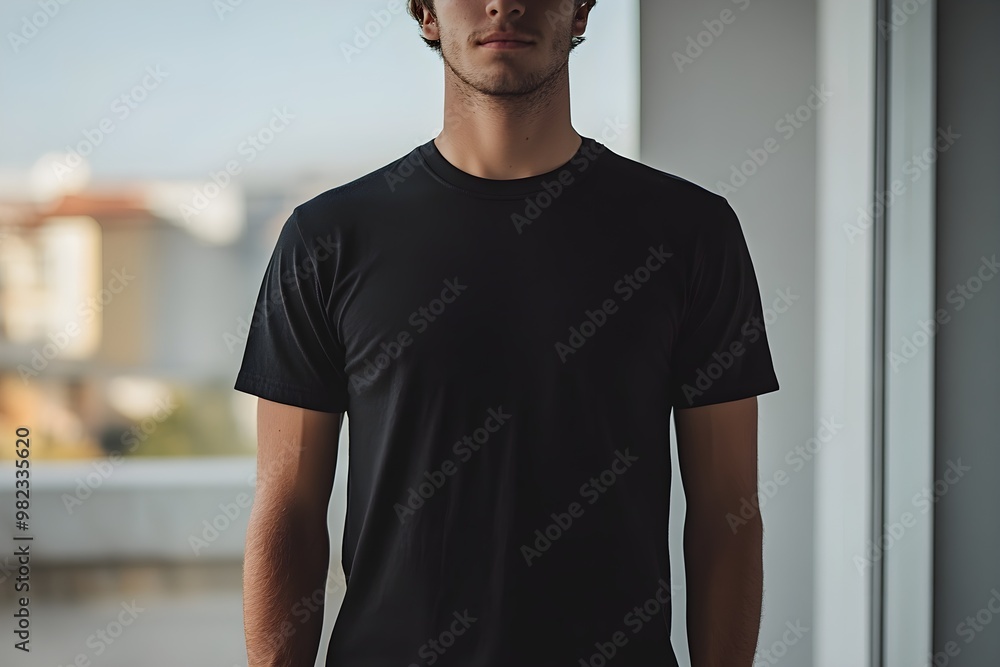A young man stands in a black t-shirt, looking toward the camera, with soft natural light and a blurred background. A young man stands in a black t-shirt, looking toward the camera, with soft natural light and a blurred background.