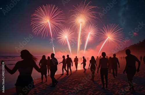 New Year's Eve Party on the Beach. People Dance Under the Starry Sky, Glowing Balls and Fireworks Fly in the Air, Neon Numbers 2025 in the Sky