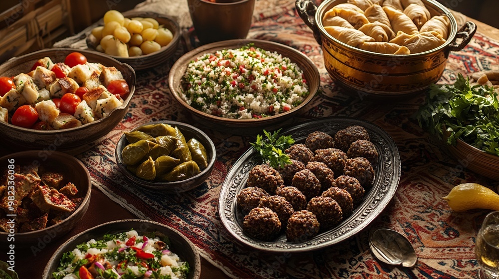 A vibrant spread of Middle Eastern dishes on a decorative table. A vibrant spread of Middle Eastern dishes on a decorative table.