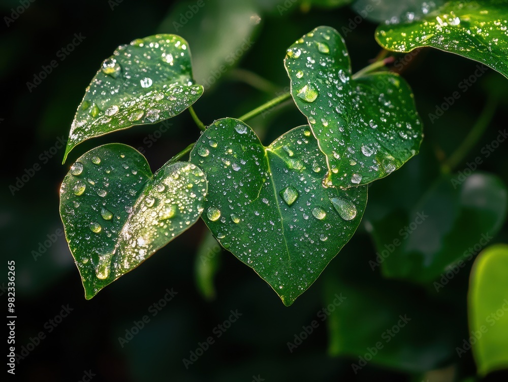 A delicate close-up of dew-covered ivy leaves in the early morning light A delicate close-up of dew-covered ivy leaves in the early morning light