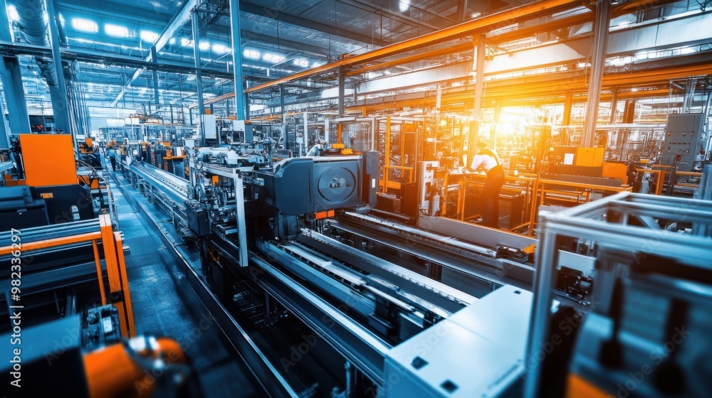 A large, bright factory floor with automated production systems and employees working together efficiently. A large, bright factory floor with automated production systems and employees working together efficiently.