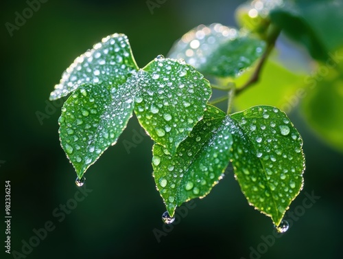 A delicate close-up of dew-covered ivy leaves in the early morning light