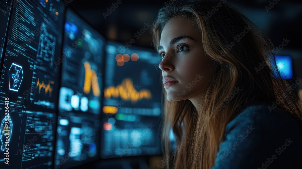 Serious woman focused on monitoring digital data and analytics on multiple screens. Working in tech-driven environment, analyzing cybersecurity threats and software solutions. Serious woman focused on monitoring digital data and analytics on multiple screens. Working in tech-driven environment, analyzing cybersecurity threats and software solutions.