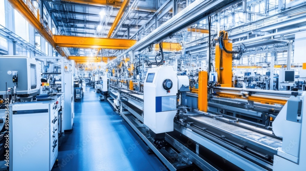 A large modern factory facility with rows of machinery and automated production lines in full operation. A large modern factory facility with rows of machinery and automated production lines in full operation.