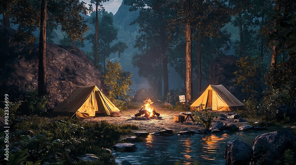 Tourist tent camping in mountains at sunset Tourist tent camping in mountains at sunset
