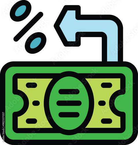 Cashback concept icon, money refunding with percentage symbol and arrow in outline style