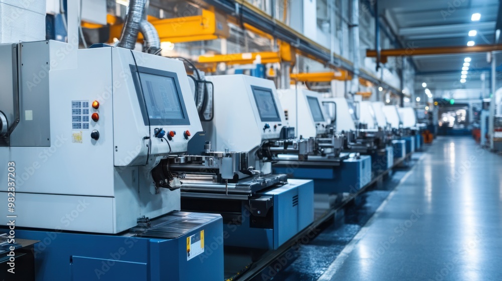 A row of CNC machines in a factory facility, with technicians programming and overseeing operations. A row of CNC machines in a factory facility, with technicians programming and overseeing operations.