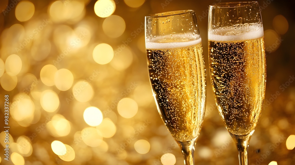 Two elegant champagne glasses filled with bubbly drink, set against a shimmering gold background, ideal for celebrations. Two elegant champagne glasses filled with bubbly drink, set against a shimmering gold background, ideal for celebrations.
