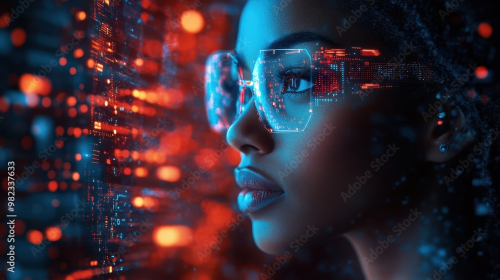 Focused woman with glowing glasses studying a holographic display of blue data patterns. Advanced tech environment highlighting innovation in coding and software systems. Focused woman with glowing glasses studying a holographic display of blue data patterns. Advanced tech environment highlighting innovation in coding and software systems.