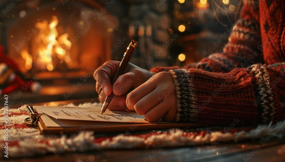 Obraz premium Cozy winter scene with person writing in journal by the fireplace, surrounded by holiday decorations and warm ambiance.