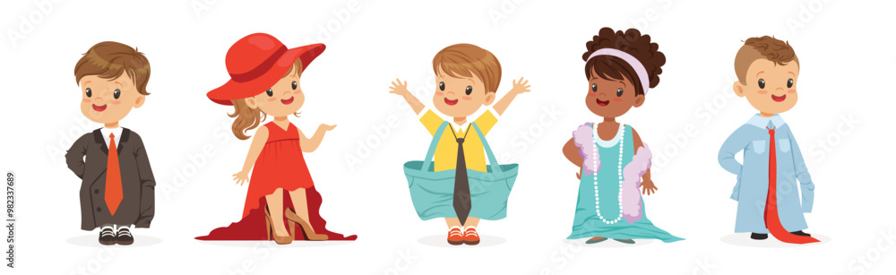 Cute Little Kids Wearing Elegant Adult Oversized Clothes Vector Set Cute Little Kids Wearing Elegant Adult Oversized Clothes Vector Set