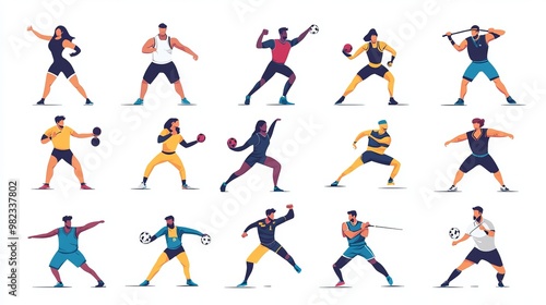 This illustration shows athletes, both men and women, playing different sports. You'll see team sports, games, street sports, and martial arts. It's a simple, flat-style design.