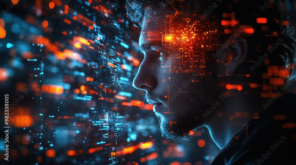 Profile of a young man with a beard, gazing at a digital holographic interface with glowing orange and blue data projections in a futuristic technology environment. Profile of a young man with a beard, gazing at a digital holographic interface with glowing orange and blue data projections in a futuristic technology environment.