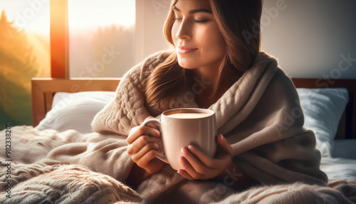 Relaxed Scene of a Cozy Morning in Bed with Soft Blankets and Coffee