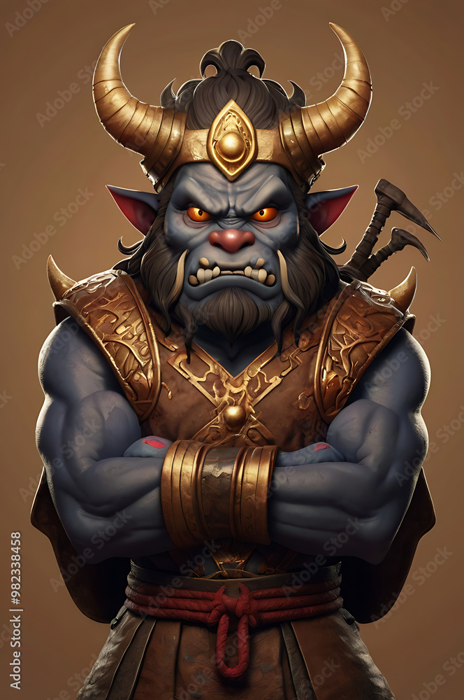 Fototapeta premium A cute cartoon-style depiction of Hiranyakashipu standing in anger. The character has exaggerated facial expressions, with furrowed brows, clenched fists, and a stern posture, showcasing his intense r