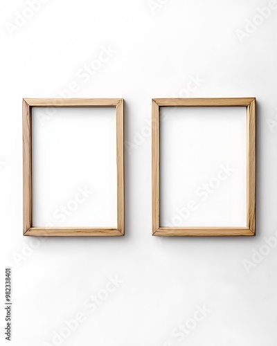 natural wooden frames, clean and minimal, on a clean white background, modern minimal aesthtic, art gallery wall, natural light. photo