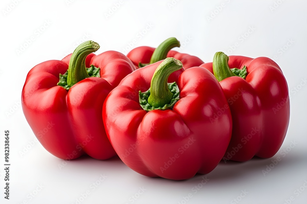 Four vibrant red bell peppers arranged closely, showcasing their glossy texture and fresh green stems against a minimal background. Four vibrant red bell peppers arranged closely, showcasing their glossy texture and fresh green stems against a minimal background.